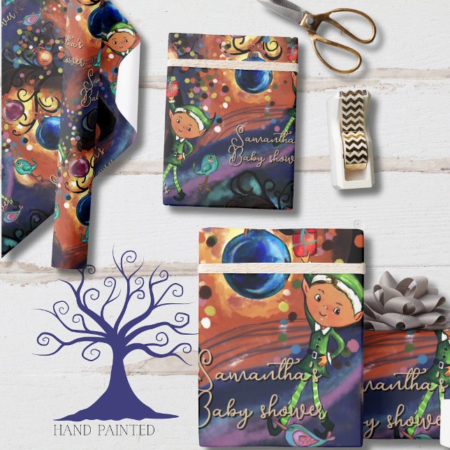 Papel De Presente Fada Caprichoso & Passarinho Chuvinha de Amor Pers (Whimsical Elf & Bird Baby Shower Personalized Wrapping Paper)