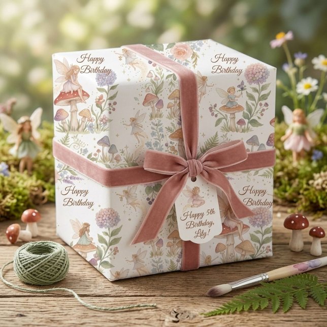 Papel De Presente Fada da Floresta Caprichosa Aquarela 5º Aniversári (Criador carregado)