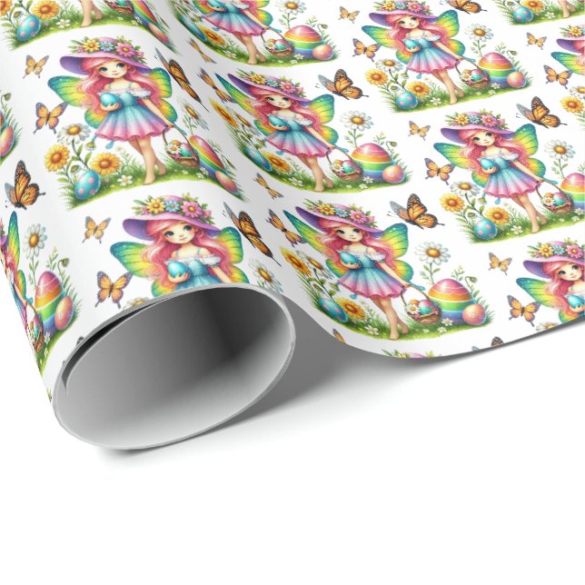Papel De Presente Fada da Páscoa fofa em azulejos (Ponta do rolo)