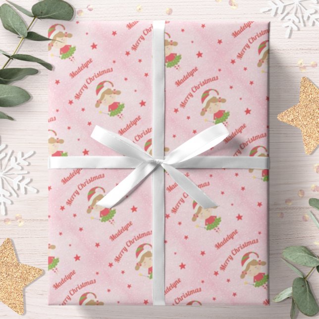 Papel De Presente Fada Fácil, Fada De Natal Rosa, Neve Personalizada (Criador carregado)