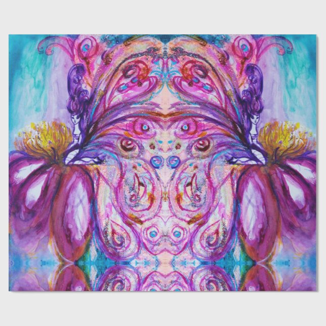 PAPEL DE PRESENTE FADA FLOR CUTE CAPRICHOSA ASAS ROSA ROXO AZUL (Aberto)