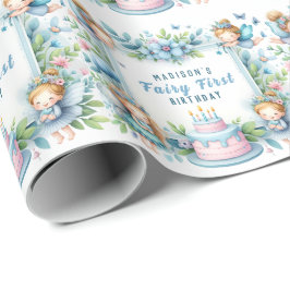 Papel De Presente Fada Floral Azul Pastel Primeiro Aniversário -
