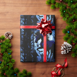 Papel De Presente Fada Mágica Negra Unicórnio na Floresta Negra