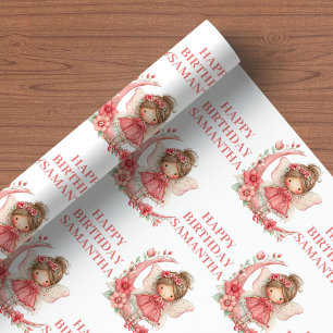 Papel De Presente Fada Menina 1º Aniversário Mágico Rosa Floral