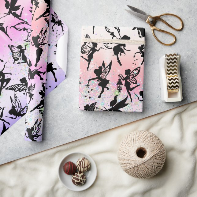 Papel De Presente Fada Silhouette Pattern Sparkly Rainbow Girly (Artesanato)