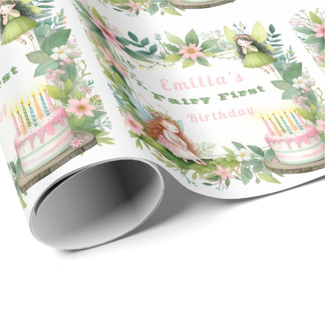 Papel De Presente Fada Verde de Pastel - Primeiro Aniversário (Ponta do rolo)