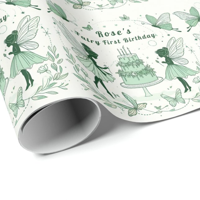 Papel De Presente Fada Verde Encantada Primeiro Aniversário - (Ponta do rolo)