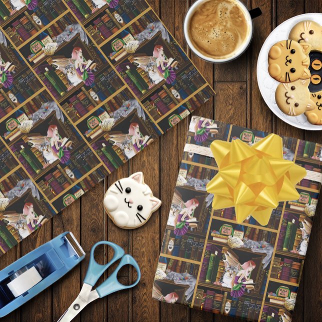 Papel De Presente Fairy Cats Books Library Fantasy (Criador carregado)