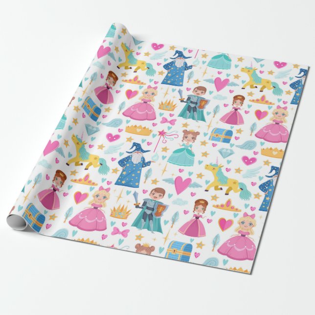 Papel De Presente Fairy Tale Princess Knight Unicorn Wizard Pattern (Desenrolado)