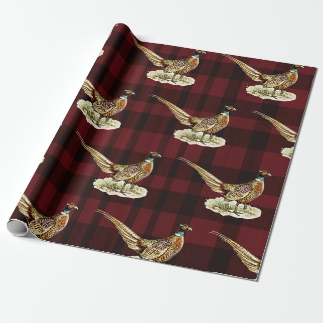 Papel De Presente Faisão Antigo em Xadrez Vermelho e Preto (Desenrolado)