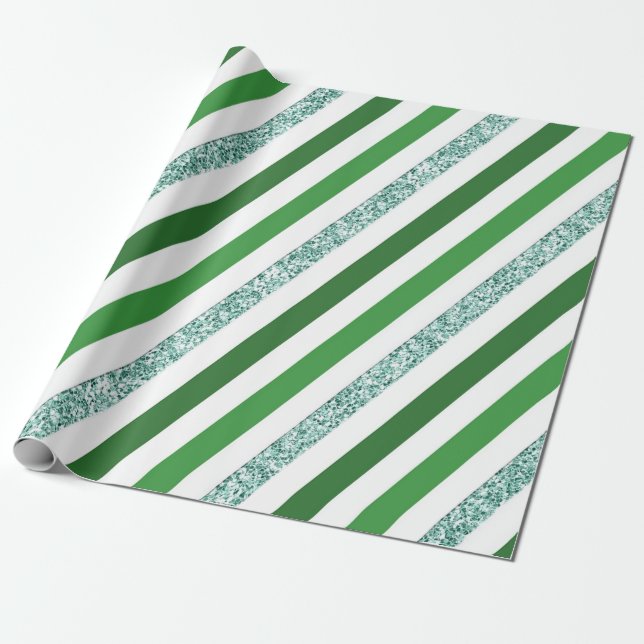 Papel De Presente Faixa de Feriado com Brilho Verde Branco (Desenrolado)