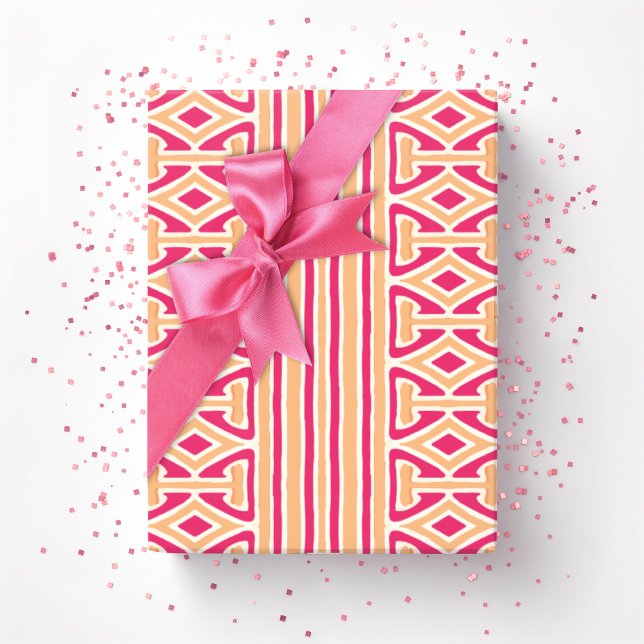Papel De Presente Faixa de Treliça Pintada em Rosa e Laranja (Criador carregado)