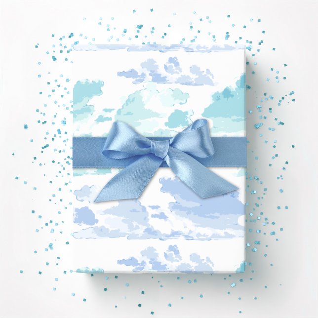Papel De Presente Faixas de Nuvens Sonhadoras em Azul e Água (Criador carregado)