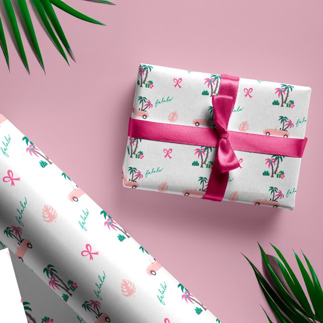 Papel De Presente Fala De Natal Tropical Deixa O Rosa Rolar Convertí (Tropical Christmas Fala Lets Roll Pink Convertible Wrapping Paper)