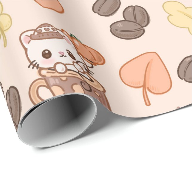 Papel De Presente Fall Cat Mug Kawaii Coffee Bean Pattern (Ponta do rolo)