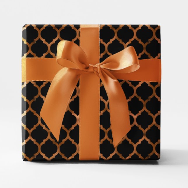 Papel De Presente Falsa folha de cobre e quatro folhas pretas (Faux Copper Foil and black Quatrefoil Wrapping Paper)