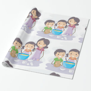Papel De Presente Família Assando Juntos Mãe e Filhos Cozinhando