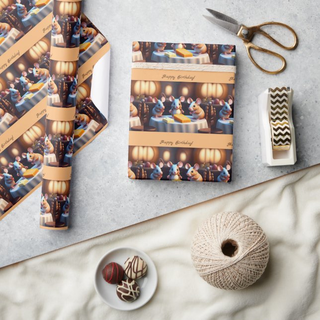 Papel De Presente Família de mouse na mesa de jantar, fofo personali (Artesanato)