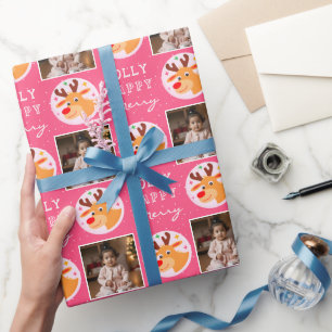 Papel De Presente Família de Rena Fofa de Rosa Foto Natal