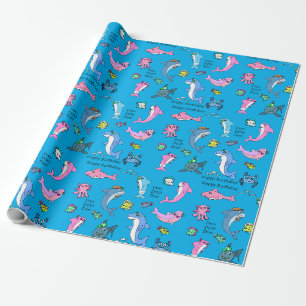Papel De Presente Família do Tubarãozinho Doo Doo Feliz Aniversário