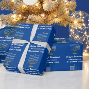 Papel De Presente Família Feliz Hanukkah Menorah Branco Azul Dourado