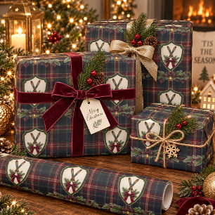Papel De Presente Família Natalino Burgundy Verde Escuro Xadrez Prep