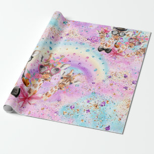 Papel De Presente Fantasia Engraçada Girafas nas Nuvens de Algodão
