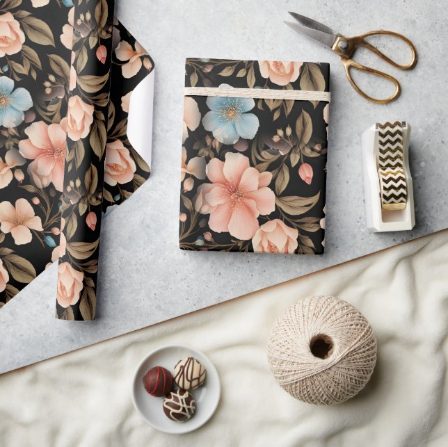 Papel De Presente Fantasia Floral Azul e Pêssego (Artesanato)