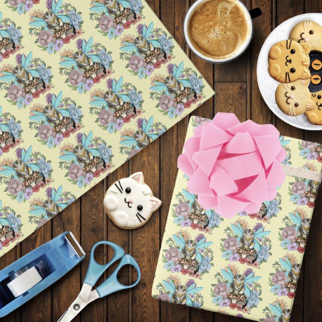 Papel De Presente Fantasia Floral de Gato Fada Tabby Pastel Capricho (Criador carregado)