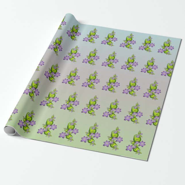 Papel De Presente Fantasia Floral Flores Lilás Formas Verdes Fractal (Desenrolado)