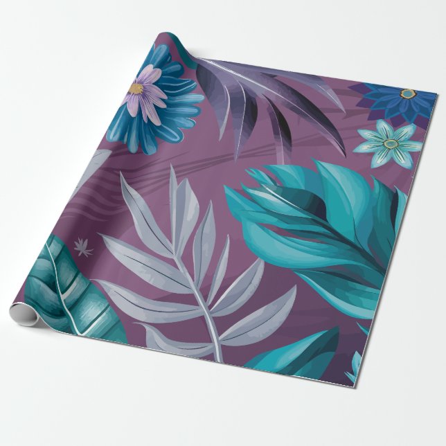 Papel De Presente Fantasia Floral Vibrante na Canvas Profunda Roxo (Desenrolado)