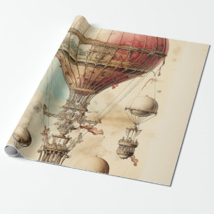 Papel De Presente Fantasia Vitoriana Dirigível - Rosa, Bege e Sepia