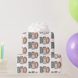 Papel De Presente Fantasma Boo Laranja Verde Fofo Branco Halloween