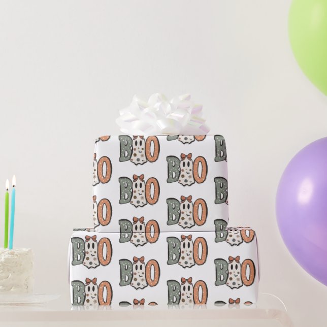 Papel De Presente Fantasma Boo Laranja Verde Fofo Branco Halloween (Presentes para festas)