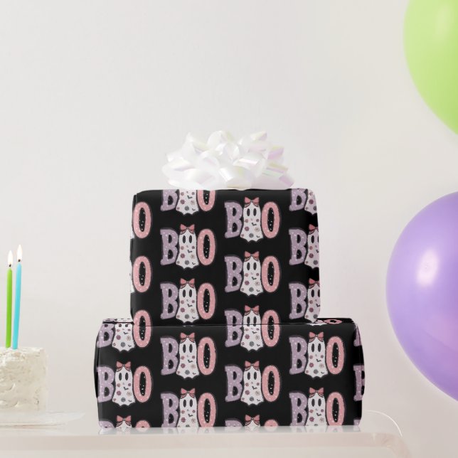 Papel De Presente Fantasma Boo Roxo Rosa Fofo Preto Halloween (Presentes para festas)