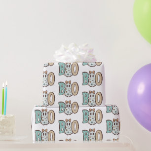 Papel De Presente Fantasma Boo Verde Laranja Fofo Branco Halloween