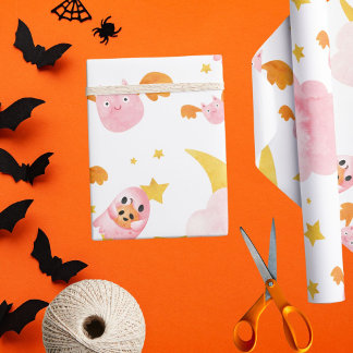 Papel De Presente Fantasma da abóbora-de-halloween rosa e morcegos f