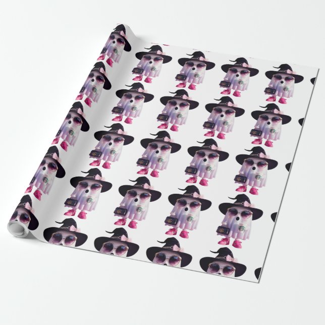 Papel De Presente Fantasma da Pequena Senhora das Halloween com café (Desenrolado)