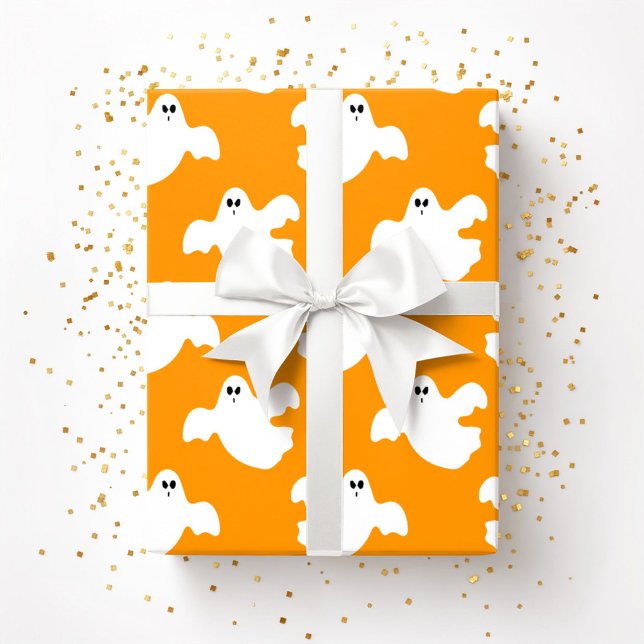 Papel De Presente Fantasma de Halloween Fofo Laranja (Cute Halloween Ghost Patter Orange Wrapping Paper)