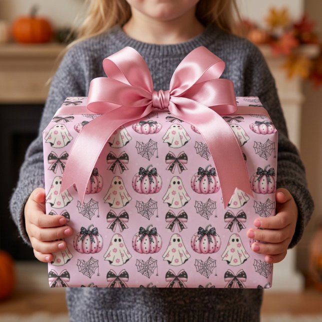 Papel De Presente Fantasma de Halloween Rosa (Criador carregado)