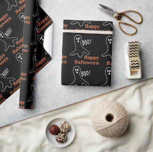 Papel De Presente Fantasma dizendo Boo feliz Halloween preto e laran