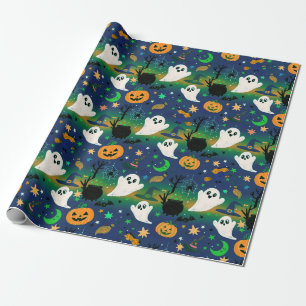 Papel De Presente Fantasma e Abóboras, Azul com Padrão Verde