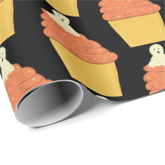 Papel De Presente Fantasma Fofo de Halloween em Cupcakes (Ponta do rolo)