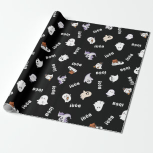 Papel De Presente Fantasma Preto e Branco e Padrão Sem Costura Boo.