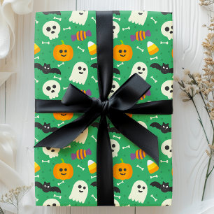 Papel De Presente Fantasma Verde Assustador, Morcego e Halloween de 