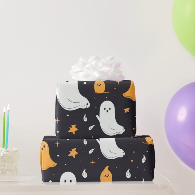 Papel De Presente Fantasmagóricos Brancos e Dourados Estrelas Preto  (Presentes para festas)