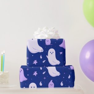 Papel De Presente Fantasmagóricos Brancos e Roxos Estrelas Azuis no