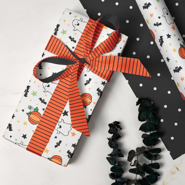 Papel De Presente Fantasmas Bats Pumpkins Padrão de Halloween (Criador carregado)