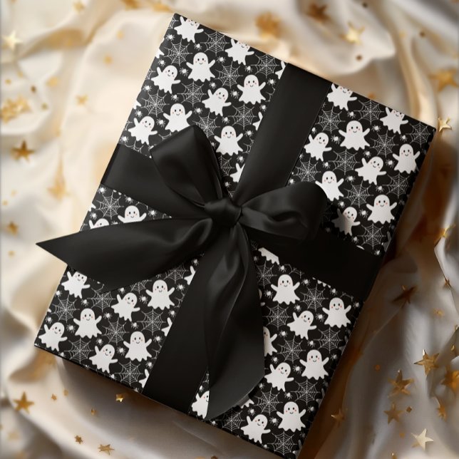 Papel De Presente Fantasmas bonitos | Aranhas | Spider Webs Hallowee (Cute Ghosts, Spiders and Spider Webs Halloween Black and White Patterned Wrapping Paper)