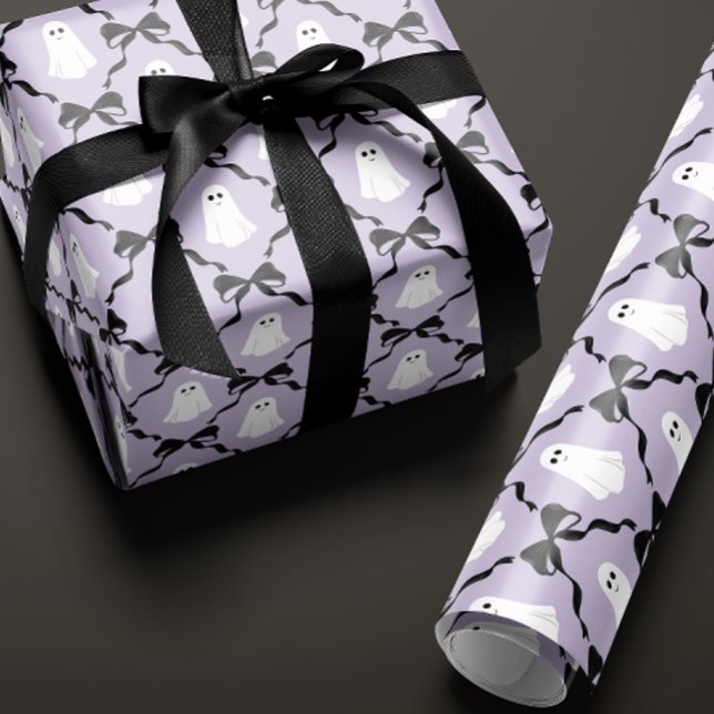 Papel De Presente Fantasmas bonitos e Arcos Pretos no Dia das Bruxas (Lilac black bow and cute ghost halloween wrapping paper roll)